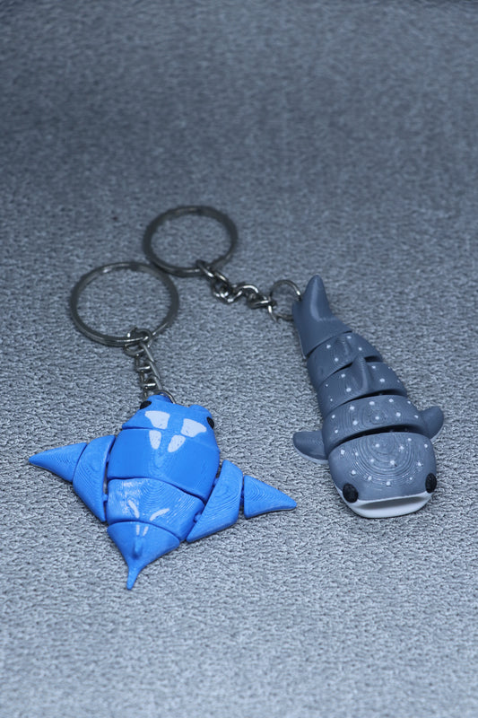 Set of 2 | 3D Printed Flexible Keychain | Manta Ray & Whale Shark