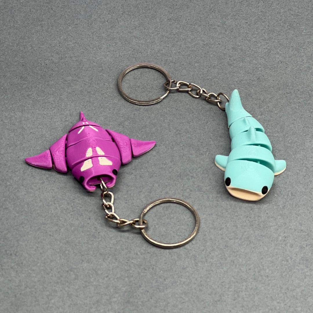 Set of 2 | 3D Printed Flexible Keychain | Manta Ray & Whale Shark